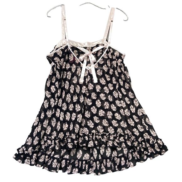 Betsey Johnson Slip Dress Women’s M Pink Bow Floral Babydoll Intimates Sheer Y2K - Picture 2 of 7